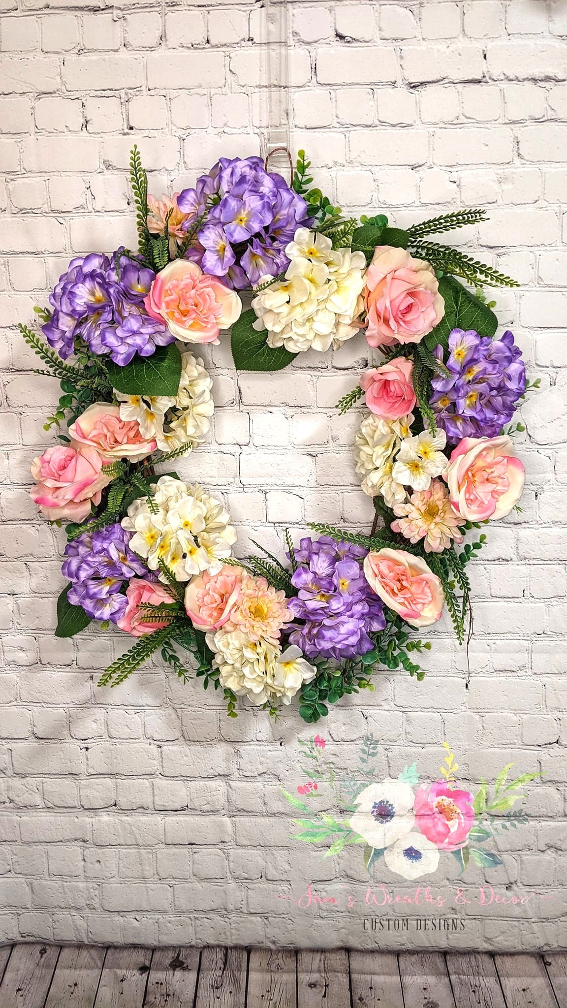 Purple White Hydrangea & pink Roses Wreath
