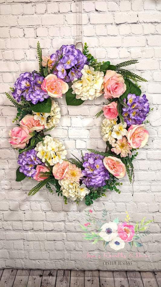 Purple  White Hydrangea & pink Roses Wreath